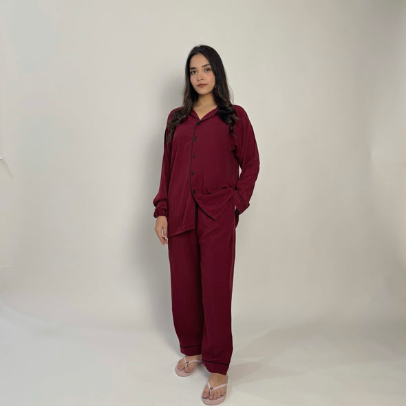 BLOOD RED SOLID LINEN PJS.