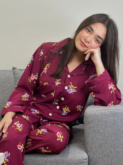 BURGUNDY PRINTED SUMMER LINEN PJS .