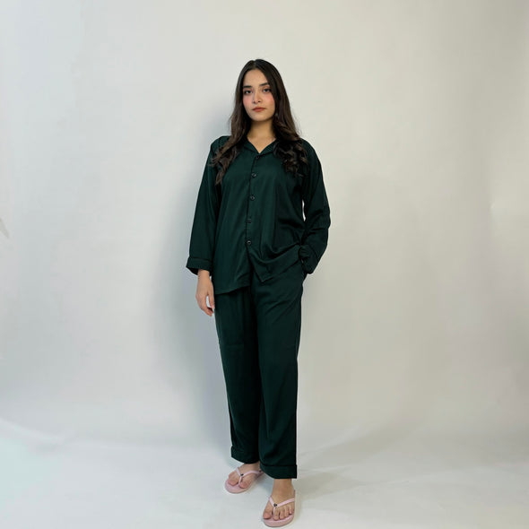 BOTTLE GREEN SOLID LINEN PJS.