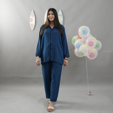 NAVY BLUE SOLID SUMMER LINEN PJS