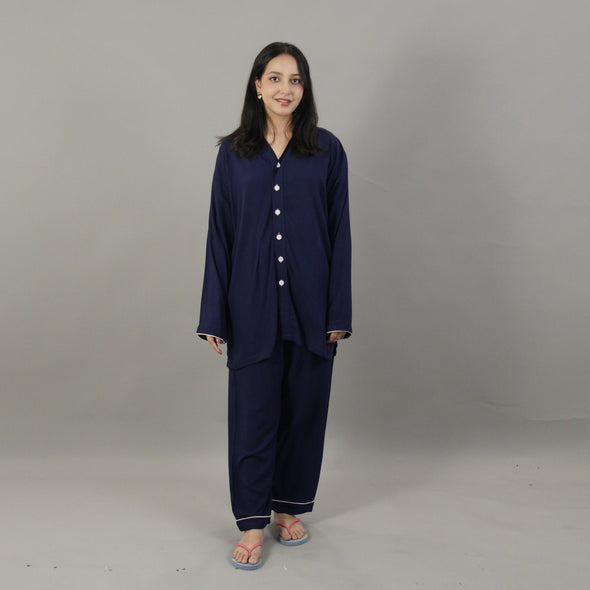 NAVYBLUE SOLID MATERNITY/MODEST SUMMER LINEN PJS