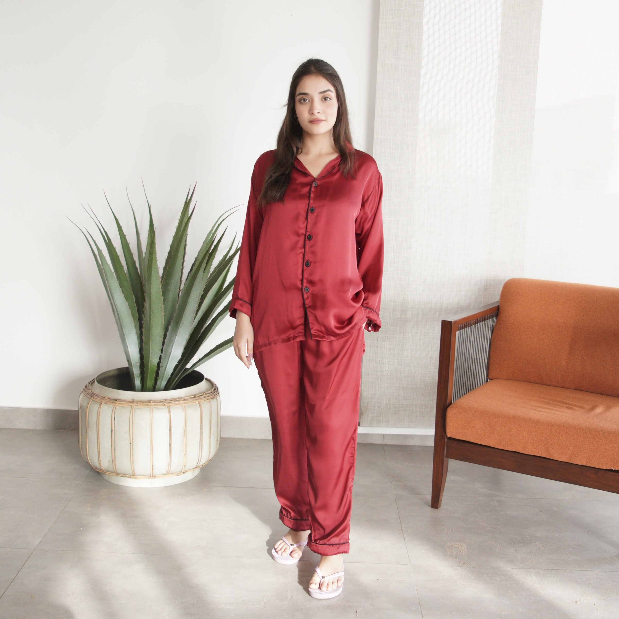 Pyjama Set Plain Red Pyjamas MAROON SOLID SILK PJS – Comfy