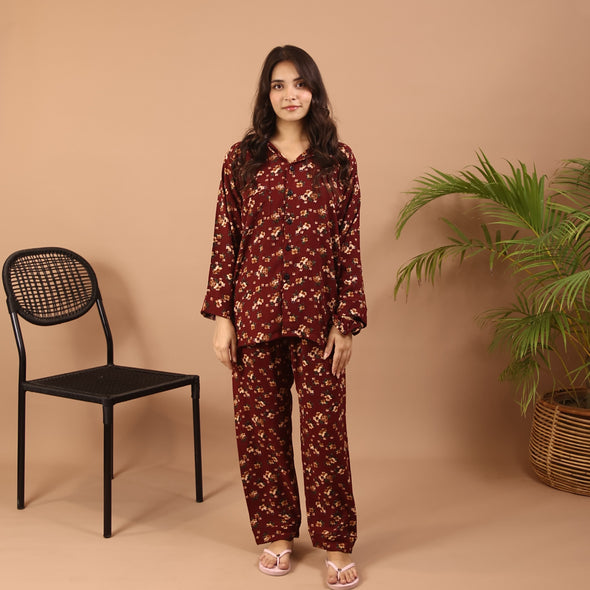 MAROON FLORAL WINTER LINEN PJS