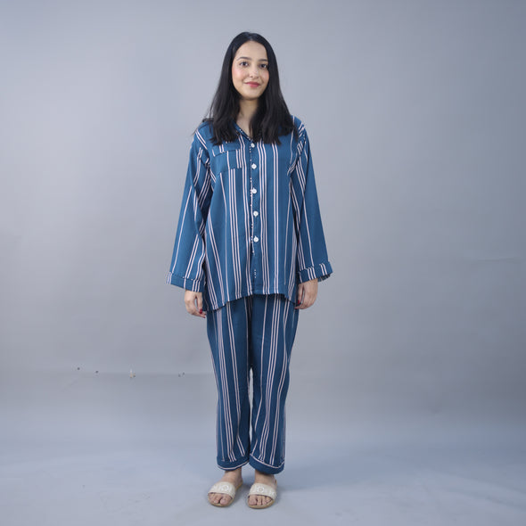 TEAL STRIPED WOMENS SUMMER LINEN PJS