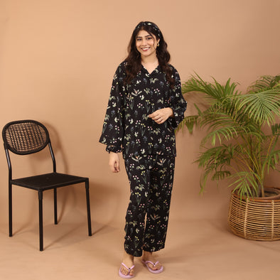 BLACK BLOOMING SUMMER LINEN PJS