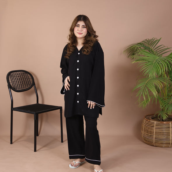 BLACK SOLID SUMMER LINEN MODEST/MATERNITY PJS