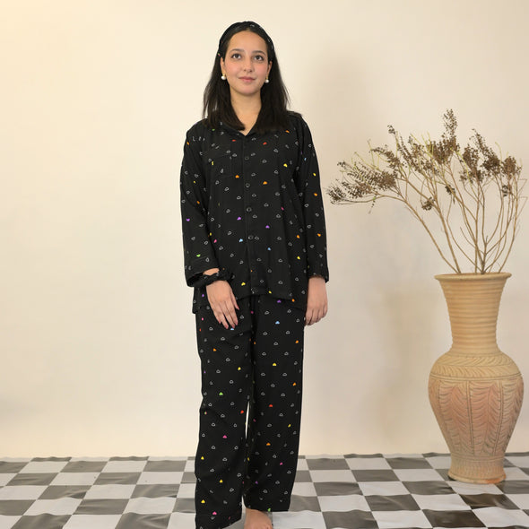BLACK MULTI HEARTS SUMMER LINEN PJS