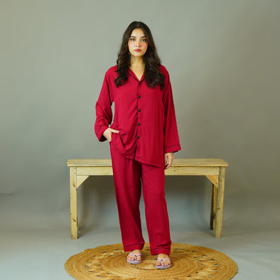 BLOOD RED SOLID LINEN PJS.