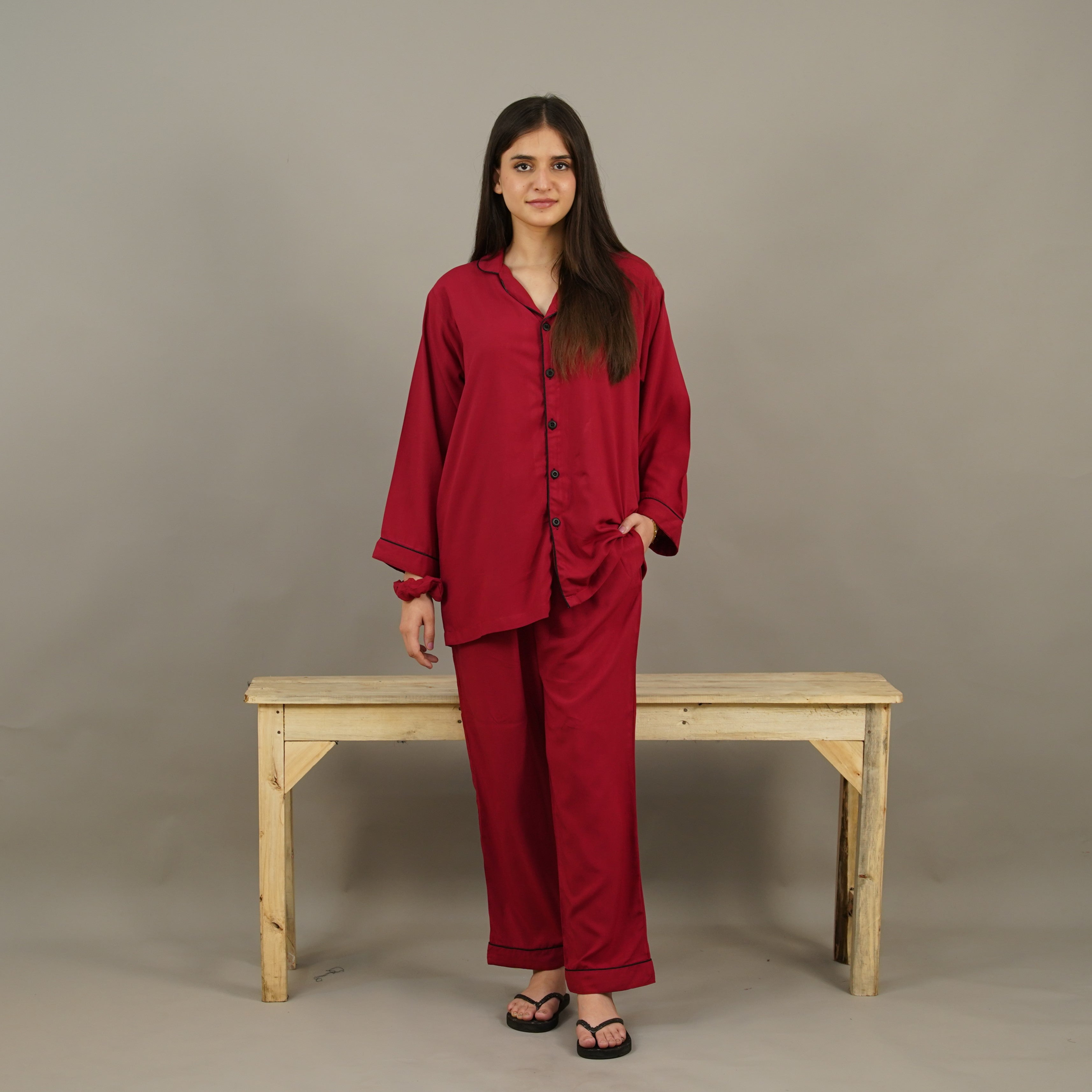 Pyjama Set Plain Red Pyjamas MAROON SOLID SILK PJS – Comfy-Pajama