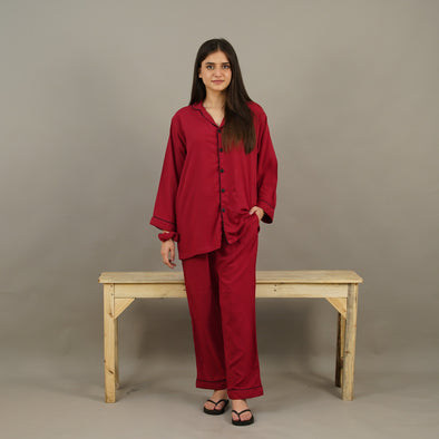 BLOOD RED SOLID LINEN PJS.