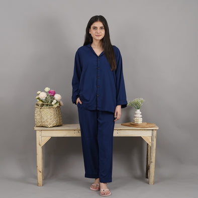 NAVY BLUE SOLID LINEN PJS
